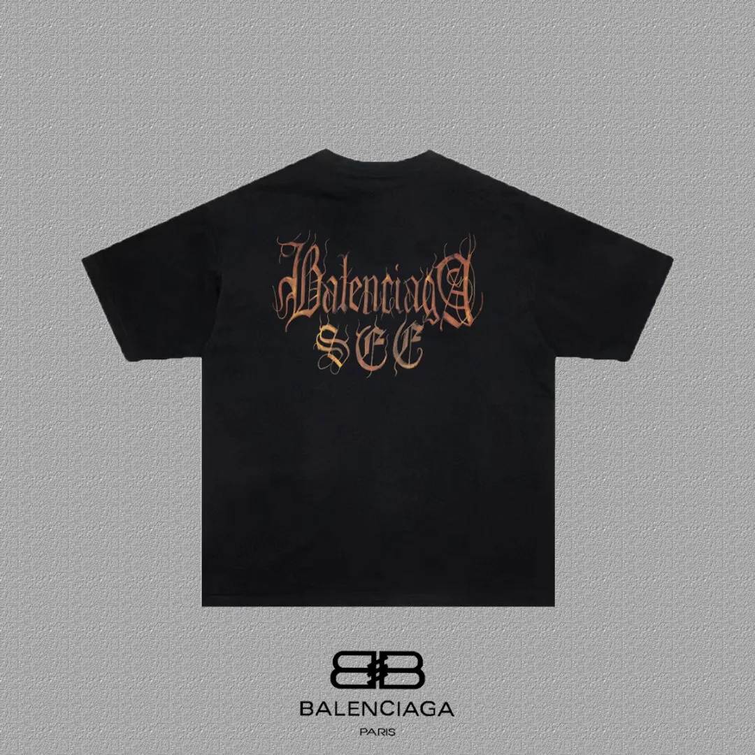 P80✨🔥 BALENCIAGA Paris lettering printed short-sleeved T-shirt, custom-woven and dyed 280g combed cotton heavyweight fabric, zero color difference in thread, perfect details, different from the current version on the market, welcome to compare, Same Style for men and women, must-sell in the picture above Color: White Black Size: 1 2 3 4